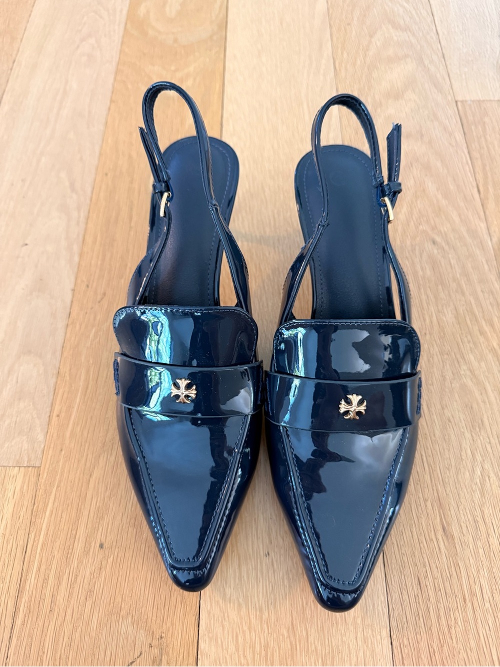 Patent Pointed-Toe Slingback Flats in Navy